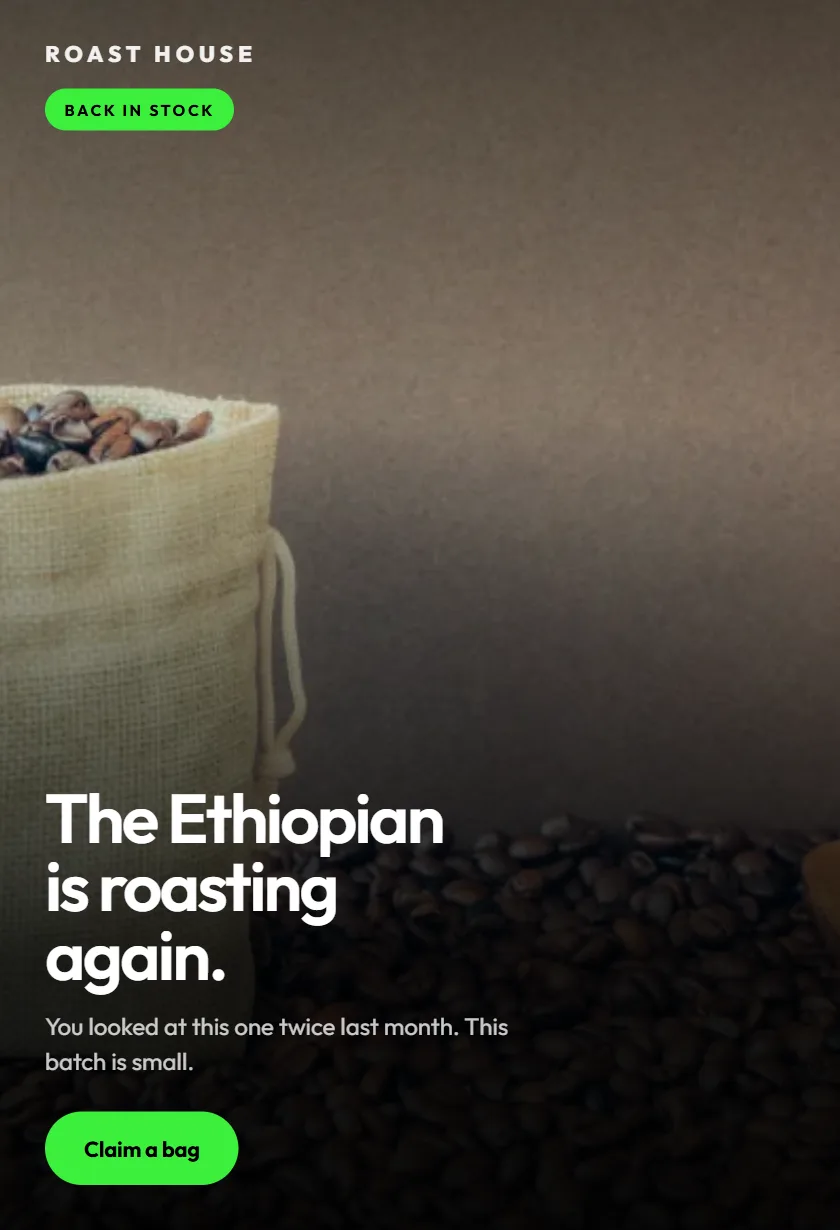 Concept back-in-stock email for a coffee roastery announcing a small batch has returned